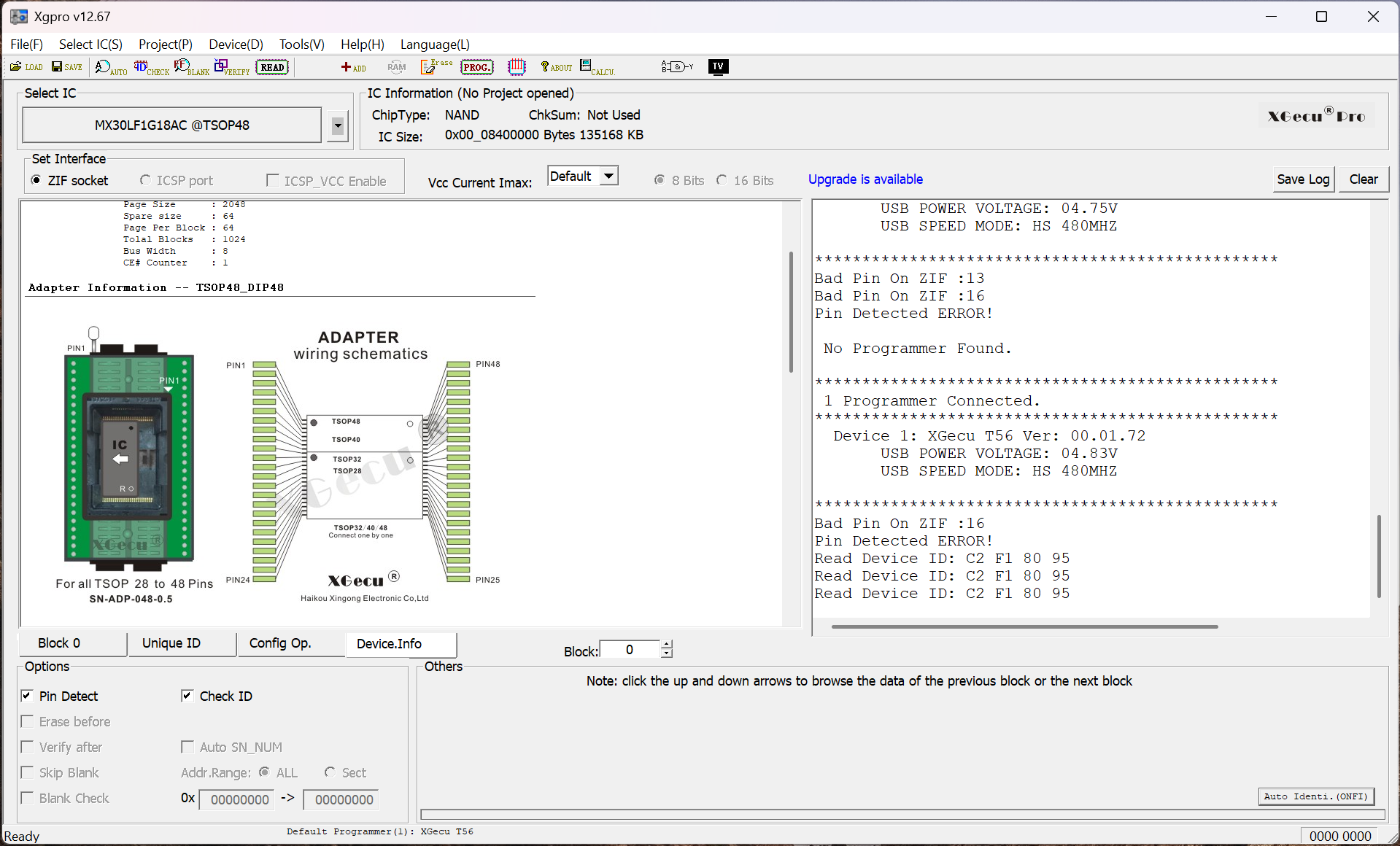 XGecu software showing a successful ID read