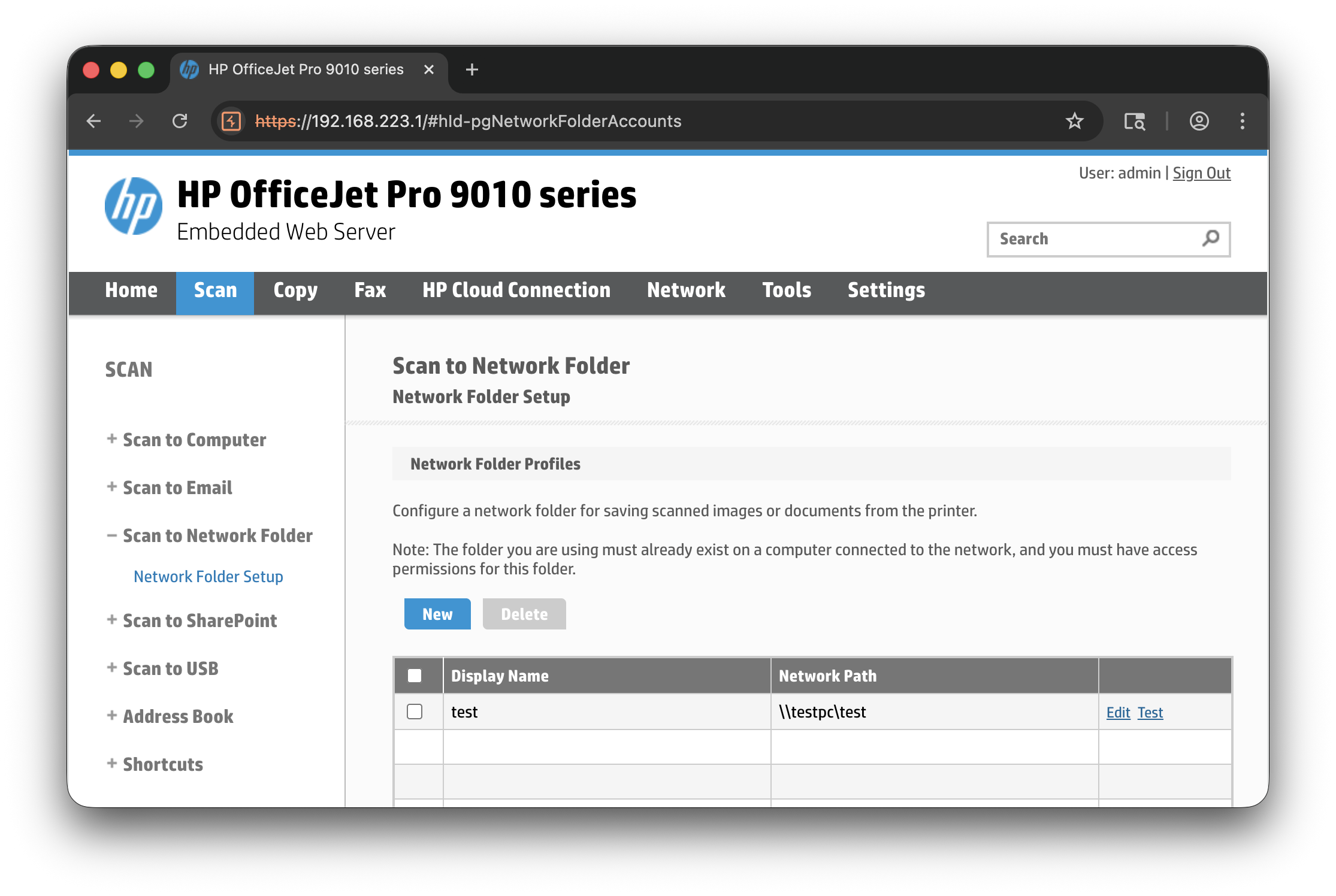 WebUI showing "Scan to Network Folder" tab